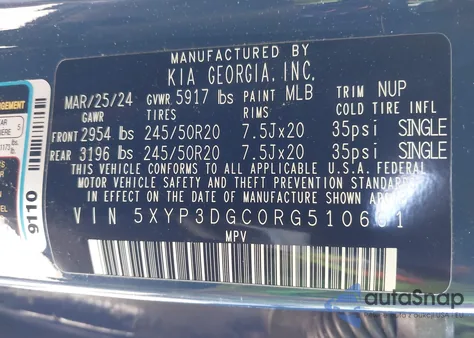 2024 Kia Telluride Ex z USA, uszkodzony, nr VIN 5XYP3DGC0RG510661